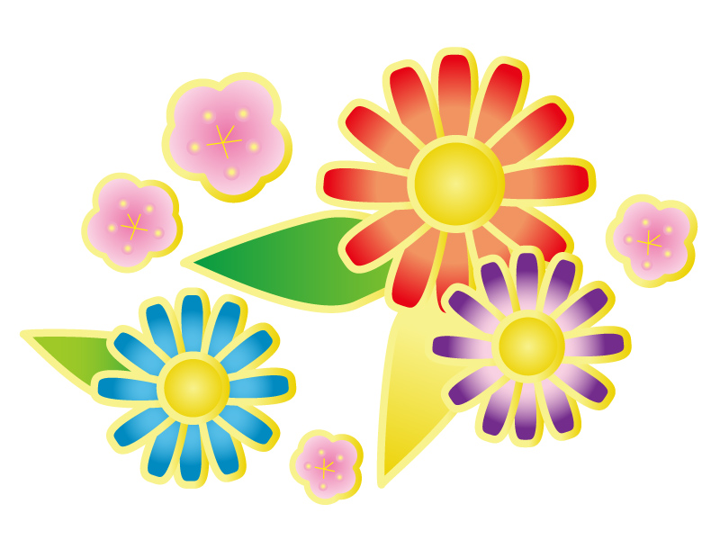 梅とカラフルな花の年賀状イラスト 年賀状の無料テンプレートやイラスト