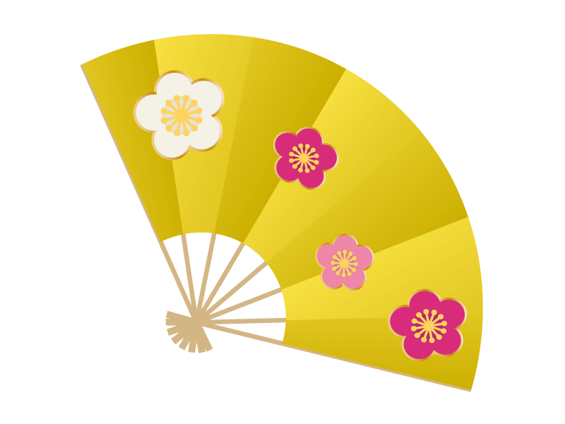 梅の花と金色の扇子の年賀状イラスト 年賀状の無料テンプレートやイラスト